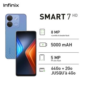 Infinix Smart 7 HD - 6.6"- 64Go + 2Go - 8MP - 5000 MAh - 2 SIM - Bleu - 12 Mois Garantie