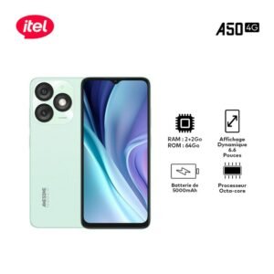 Itel A50 - 6.6" 64+(2+4) Go 8MP 4G 2Sim 5000 MAh Type C Vert Cyan