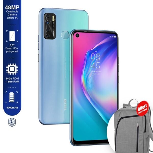 Tecno Camon 15 Air - 6.6’’ - 4G - 3Go - 64Go - 48Mpx - Bleu + Sac Offert - Garantie 13 Mois