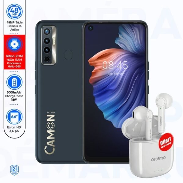 Tecno Camon 17 – 6,55" – 6Go – 128Go - Triple Caméra 48+16+2 Mpx - 5000 MAH – Bleu