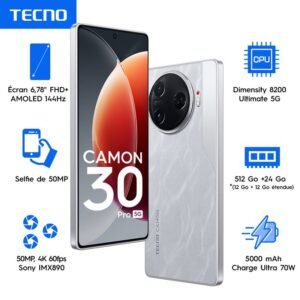 Tecno CAMON 30 PRO 5G - 6.78"- 4G - 2 Sim – 12/512 Go - 50Mpx - 5000 MAh - Silver + Gadget Offert - Garantie 12 Mois