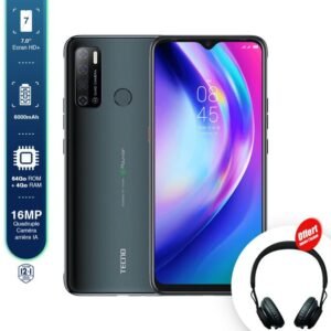 Tecno Pouvoir 4 Pro - 4G - 2SIM - Quatre Caméras AI 13 MP - 4Go/64Go - 6000 Mah - Gris + Casque Offert - 12+1 Mois Garantie