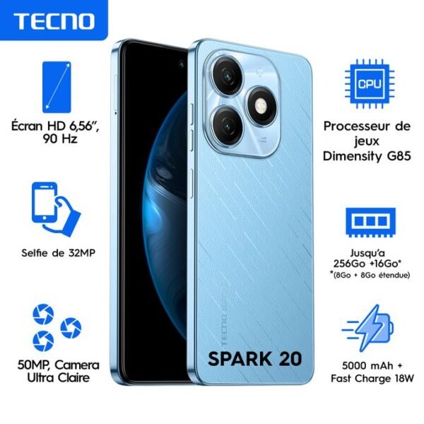 Tecno Spark 20 - 6,6" - 4G - 4/128 Go - 5000 MAh - 50Mpx - Bleu - 2 Sim - 12+1 Mois De Garantie