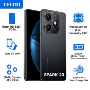 Tecno Spark 20 - 6,6" - 4G - 4/128 Go - 5000 MAh - 50Mpx - Noir - 2 Sim - 12+1 Mois De Garantie