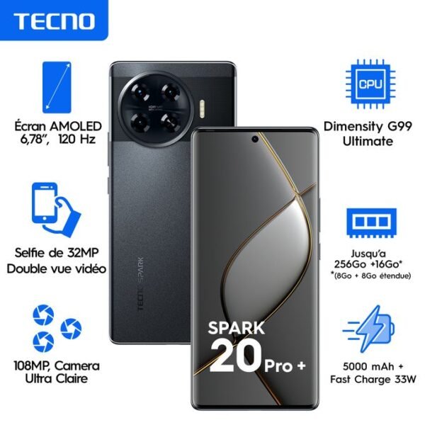 Tecno Spark 20 Pro Plus - 6.78'' - 4G - 8/256 Go- 108Mpx -2 SIM - Noir - Garantie 12 Mois